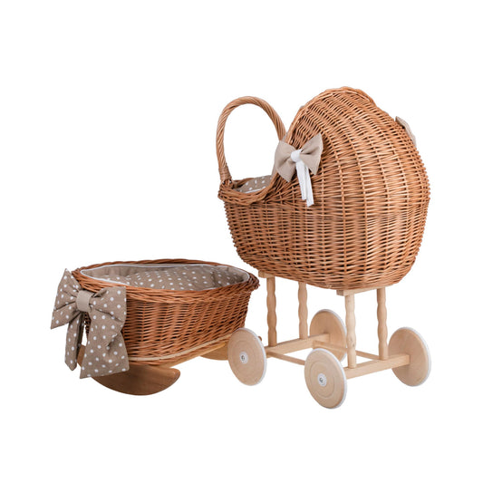 High Wicker Pram And Cradle With Bedding