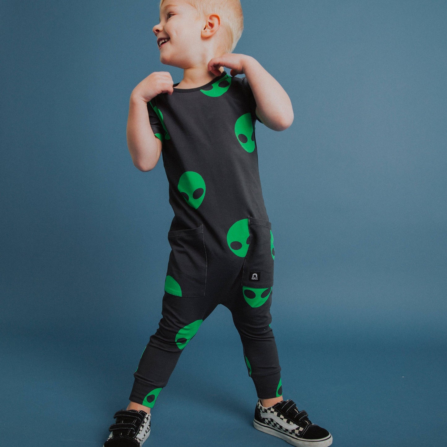 Short Sleeve Hip Pocket Rag Romper - Alien Invasion