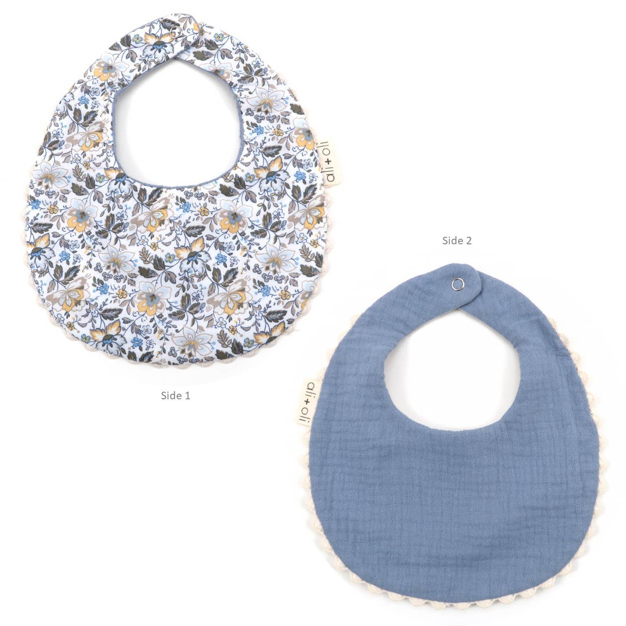 Muslin Cotton Reversable Baby Bib (Blue/Flowers)