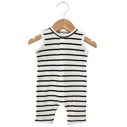 Organic Waffle Easy Romper, Black Stripe