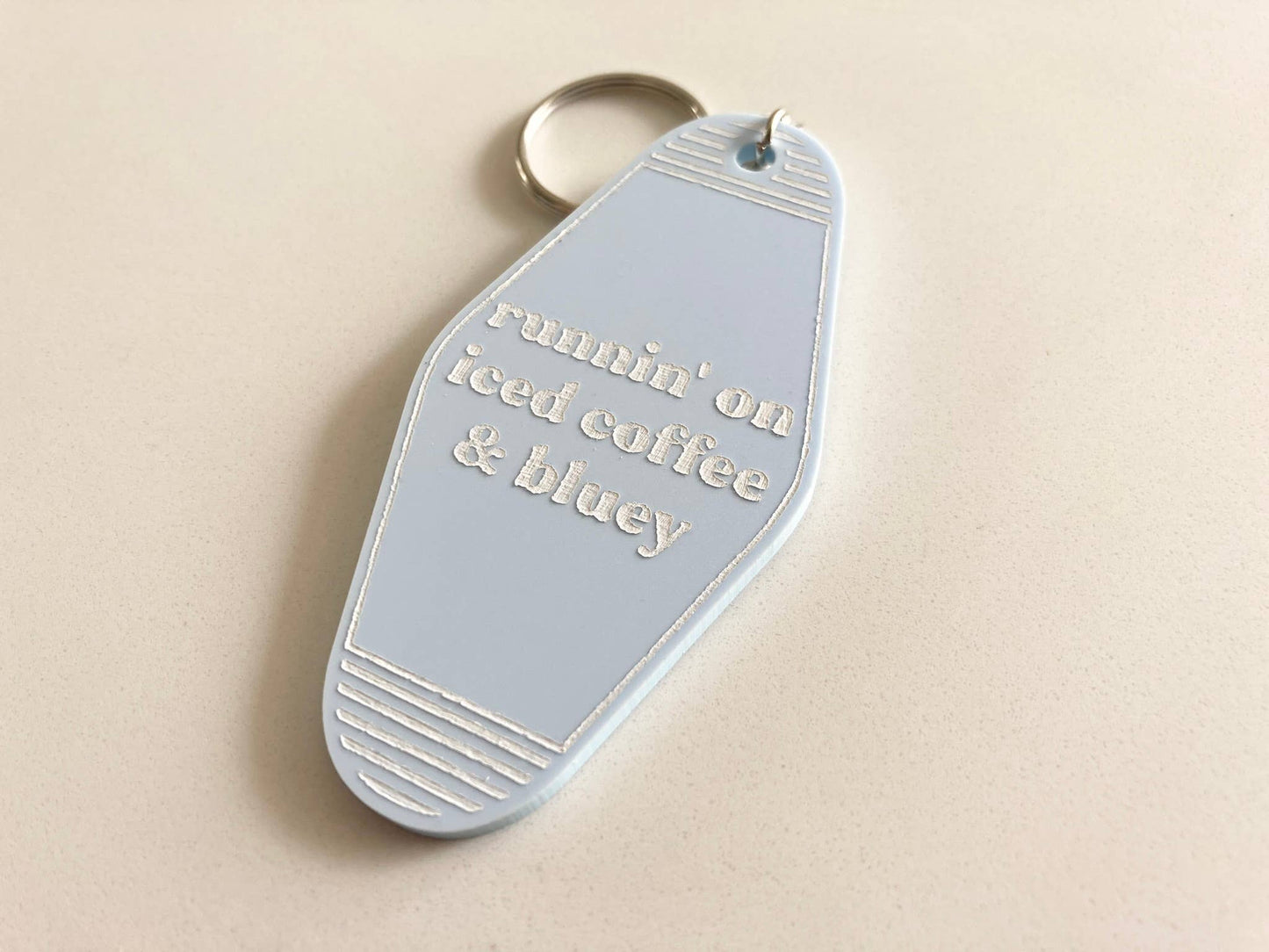 Runnin' On Iced Coffee & Bluey Motel Key Inspired Keychain