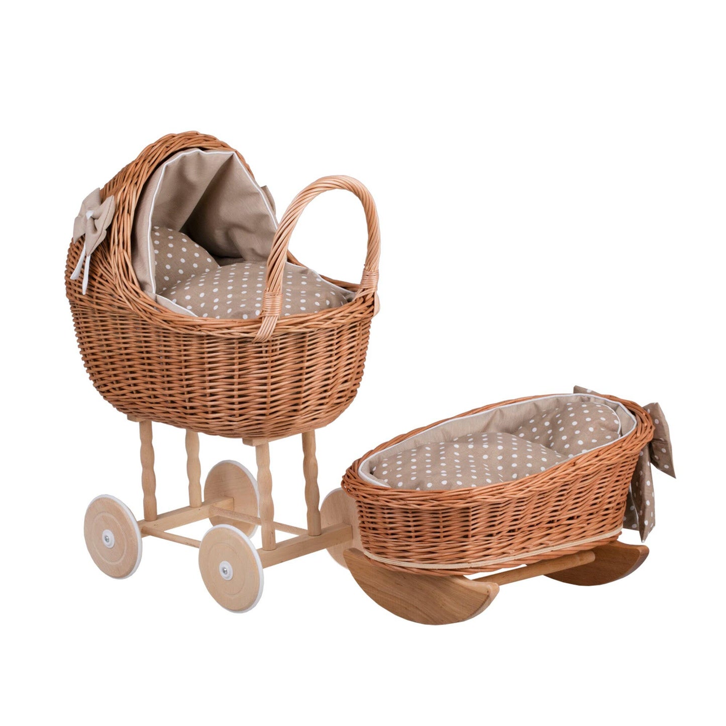 High Wicker Pram And Cradle With Bedding