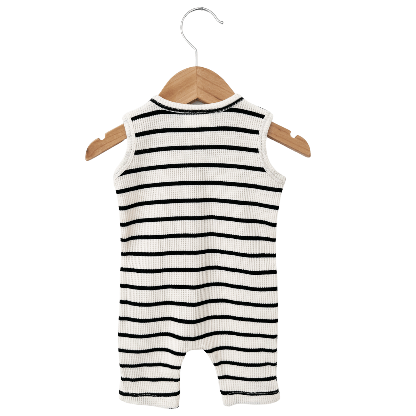 Organic Waffle Easy Romper, Black Stripe