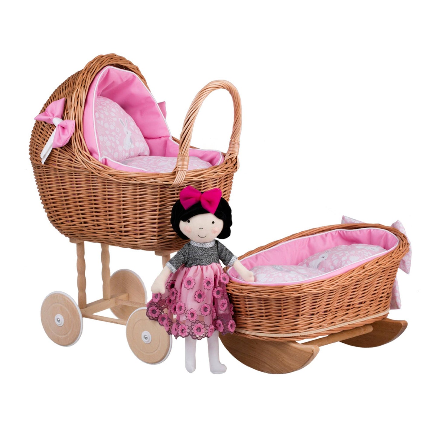 High Wicker Pram And Cradle With Bedding