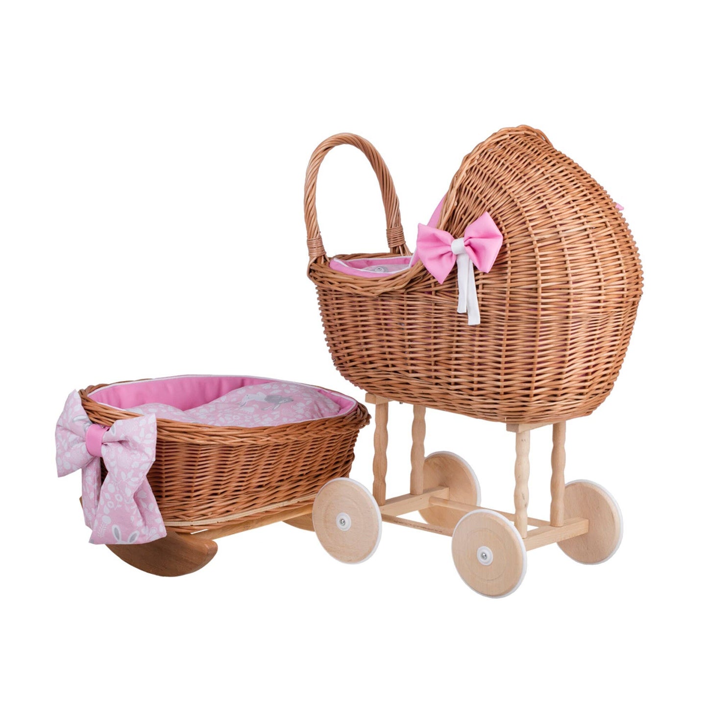 High Wicker Pram And Cradle With Bedding