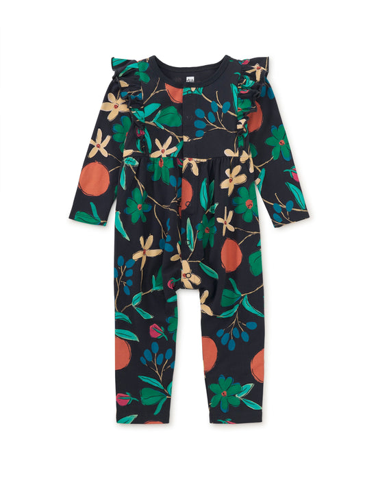 Snap Front Ruffle Baby Romper Tea Floral