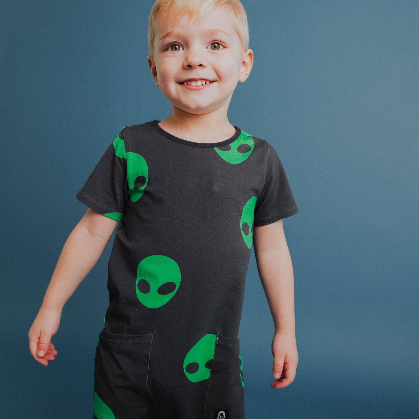 Short Sleeve Hip Pocket Rag Romper - Alien Invasion