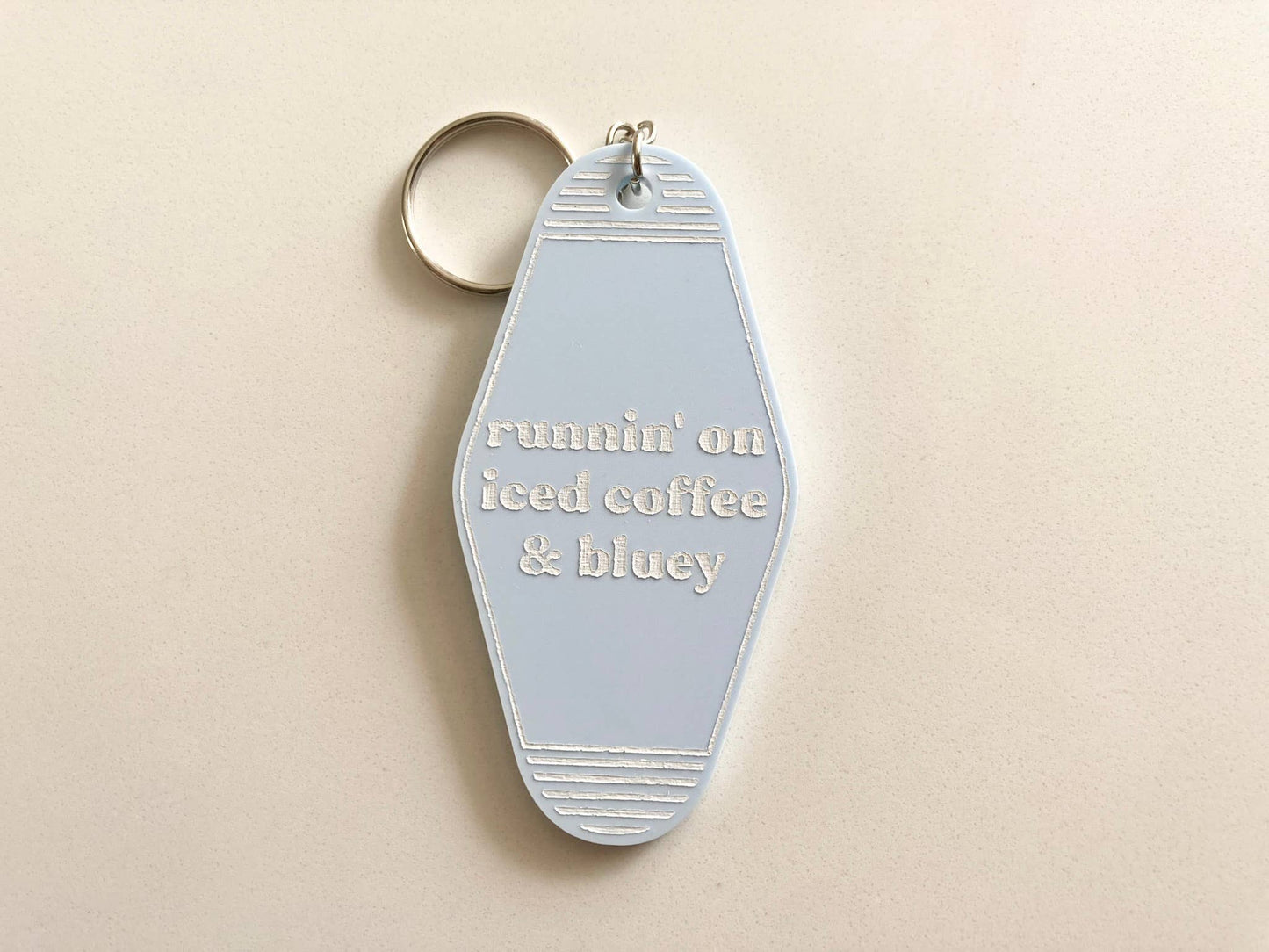 Runnin' On Iced Coffee & Bluey Motel Key Inspired Keychain