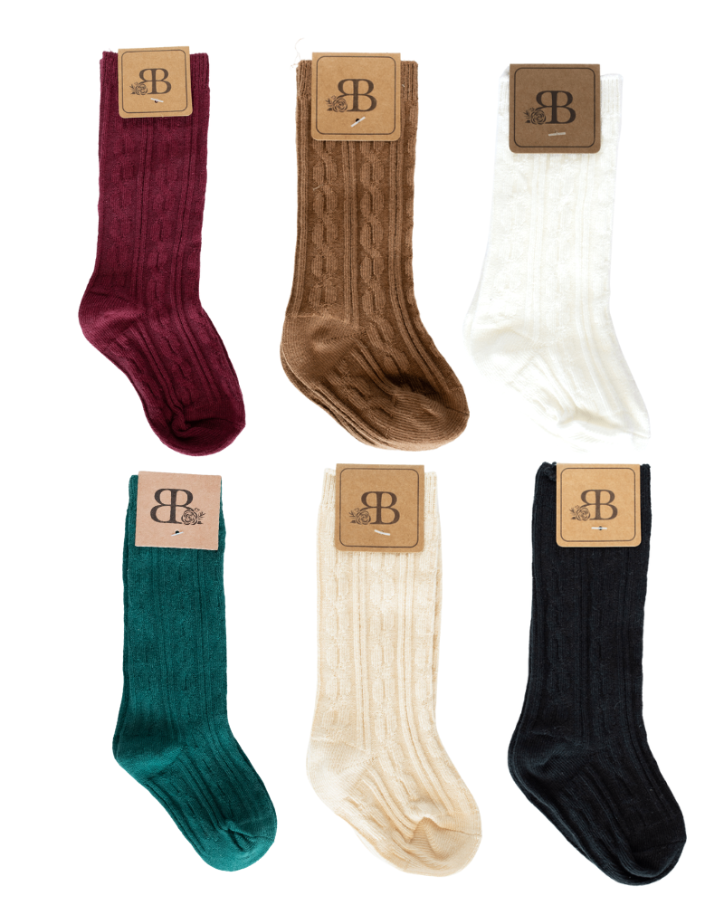 Knee-High Cable Knit Socks in Camel